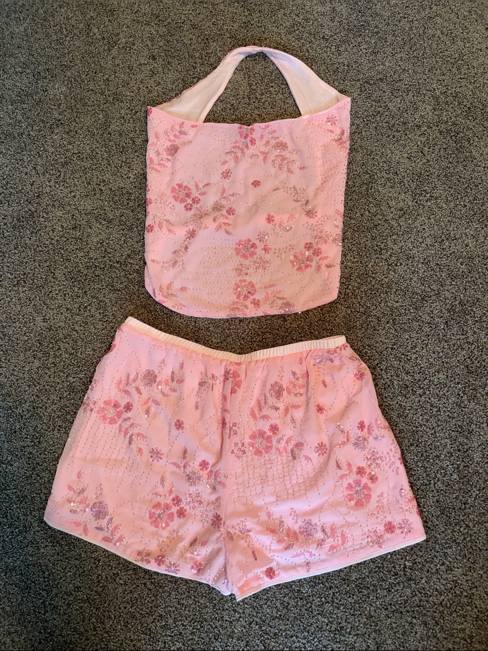 Pink Sparkle Floral Halter Top & Short Set